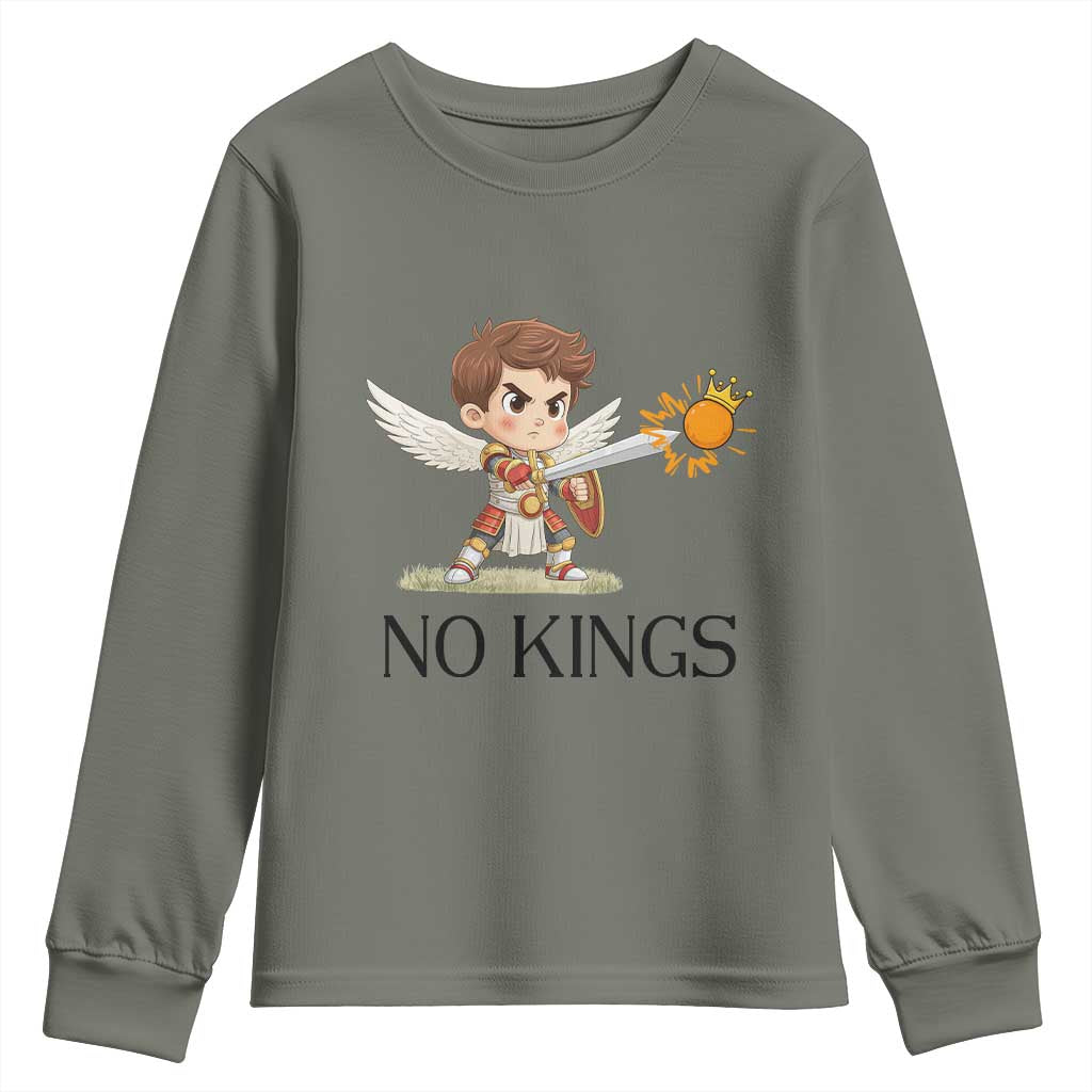 No Kings Youth Sweatshirt Funny Saint Michael Topples The Crown