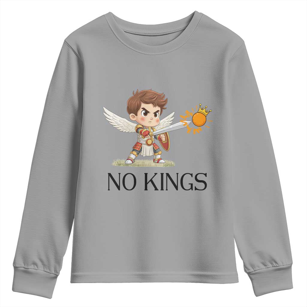 No Kings Youth Sweatshirt Funny Saint Michael Topples The Crown
