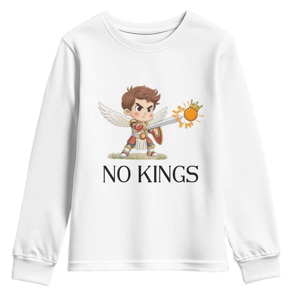 No Kings Youth Sweatshirt Funny Saint Michael Topples The Crown
