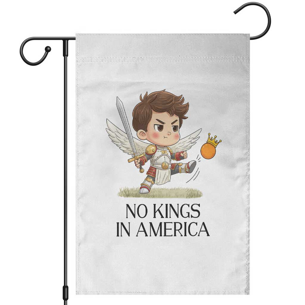 No Kings In America Garden Flag Funny Saint Michael Kicking Crown