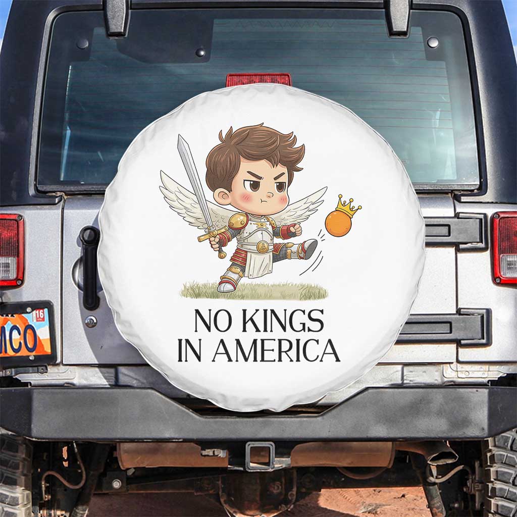 No Kings In America Spare Tire Cover Funny Saint Michael Kicking Crown