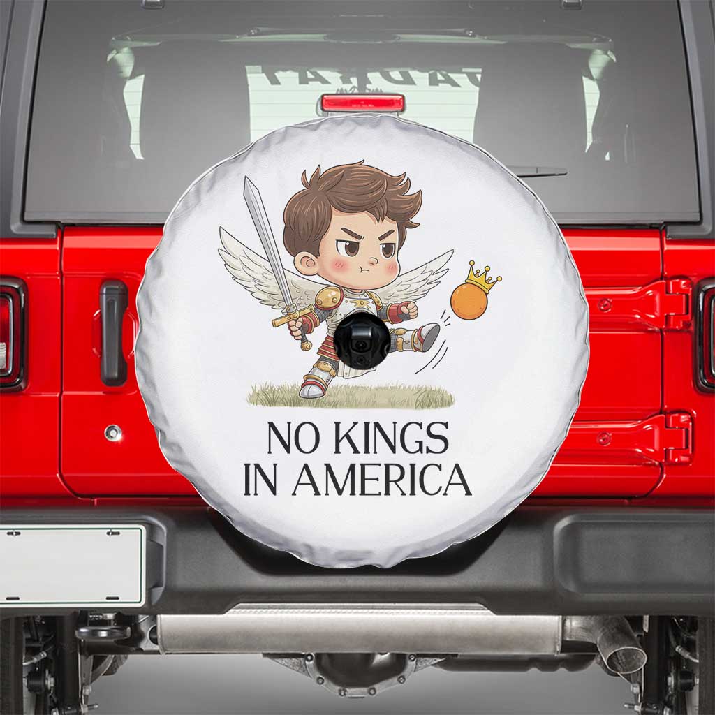No Kings In America Spare Tire Cover Funny Saint Michael Kicking Crown