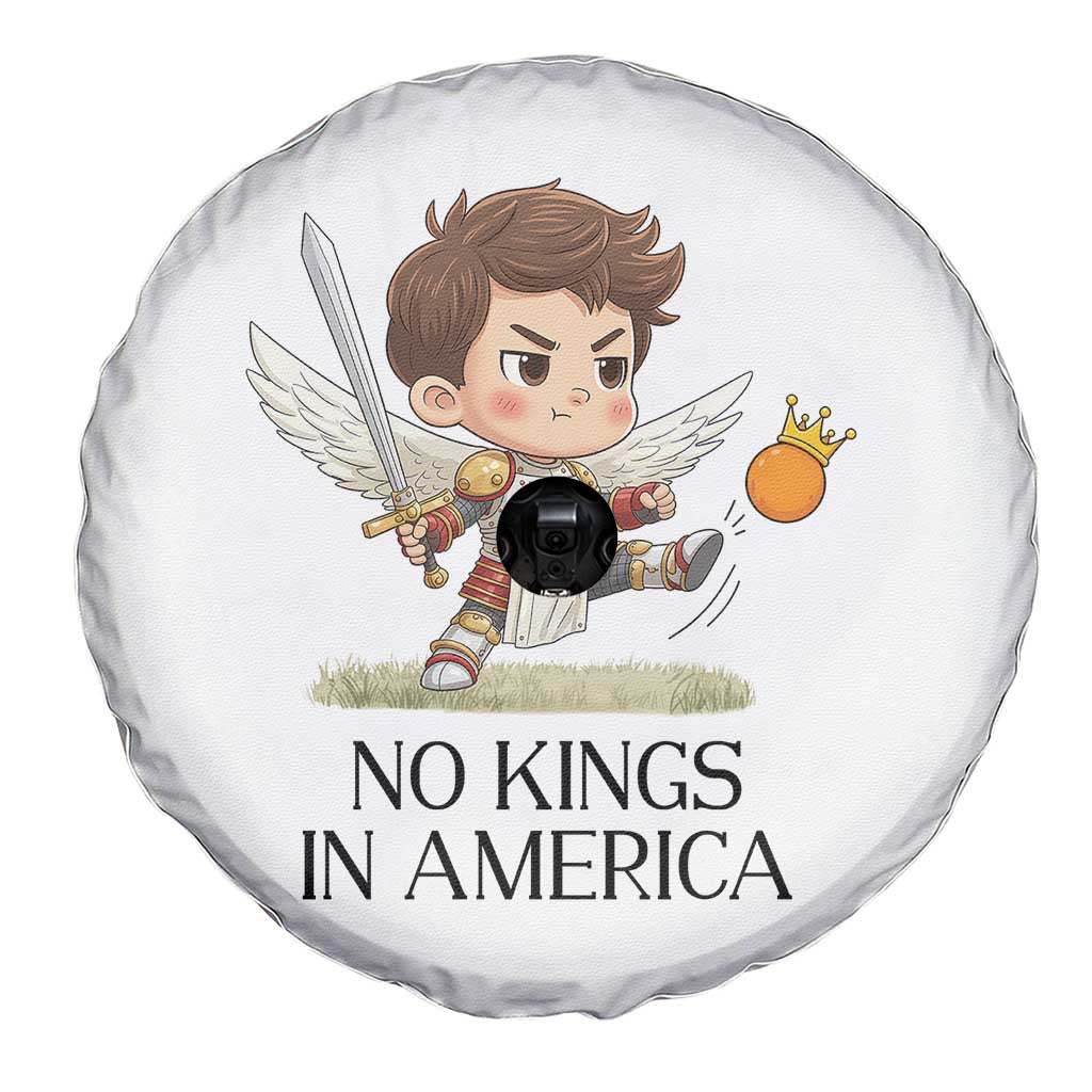 No Kings In America Spare Tire Cover Funny Saint Michael Kicking Crown