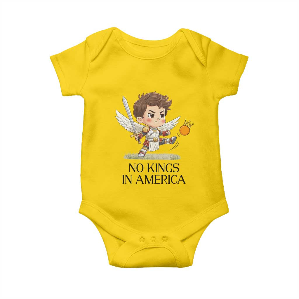 No Kings In America Baby Onesie Funny Saint Michael Kicking Crown
