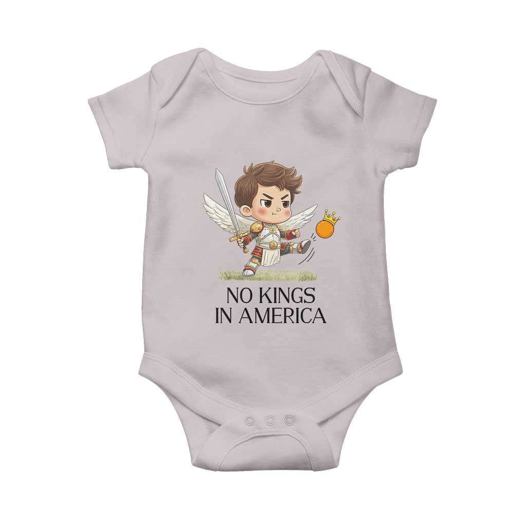 No Kings In America Baby Onesie Funny Saint Michael Kicking Crown