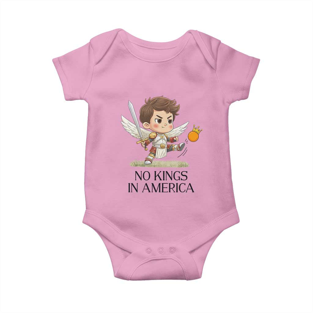 No Kings In America Baby Onesie Funny Saint Michael Kicking Crown