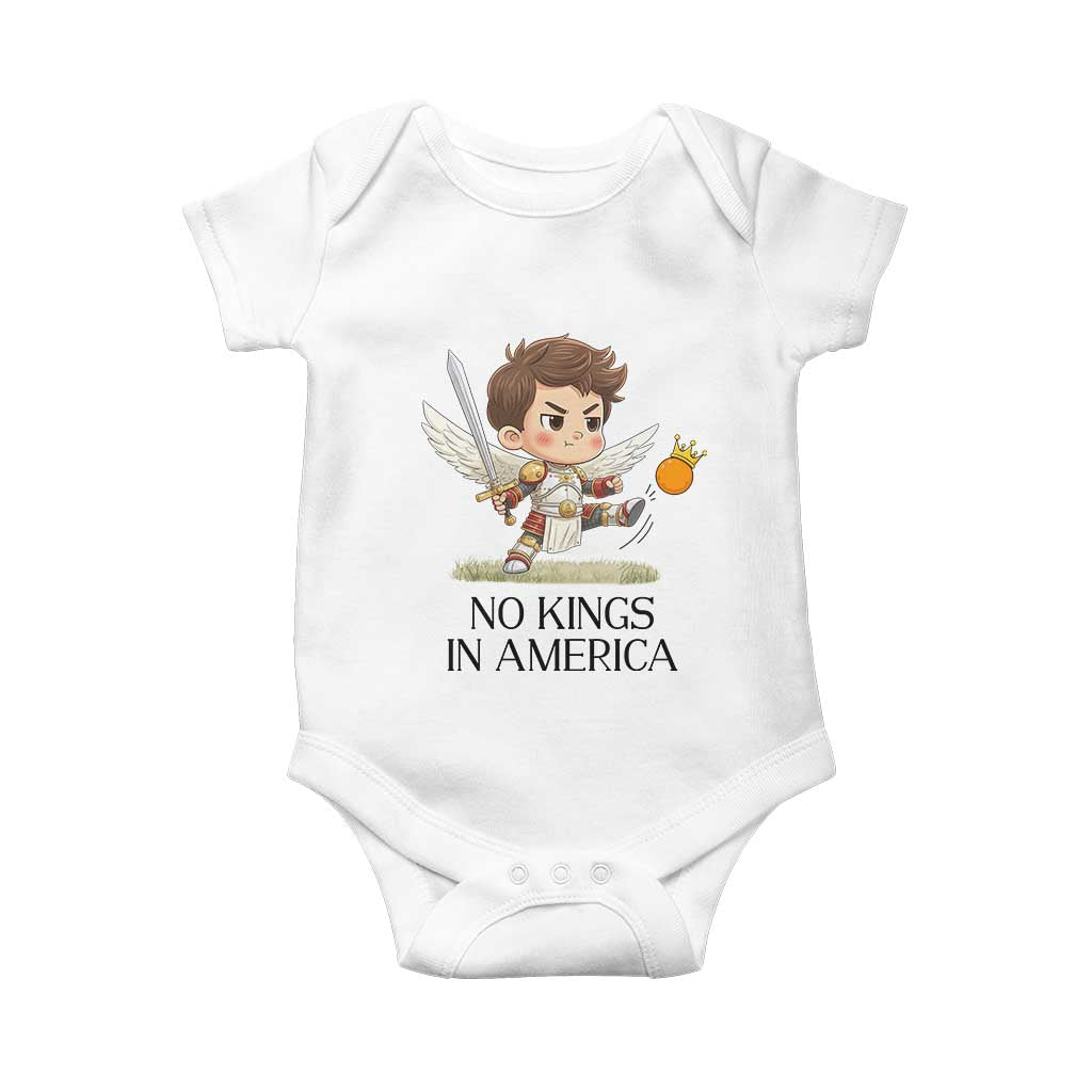 No Kings In America Baby Onesie Funny Saint Michael Kicking Crown