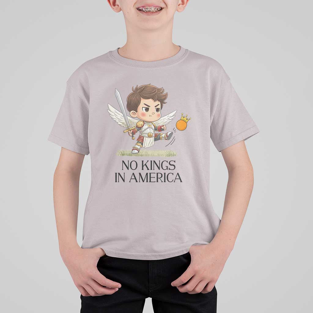 No Kings In America T Shirt For Kid Funny Saint Michael Kicking Crown
