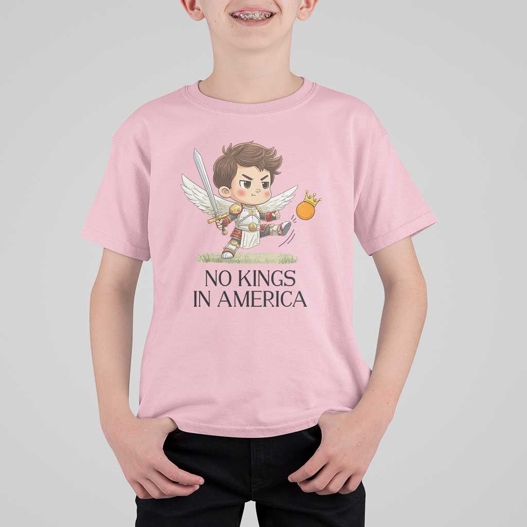 No Kings In America T Shirt For Kid Funny Saint Michael Kicking Crown