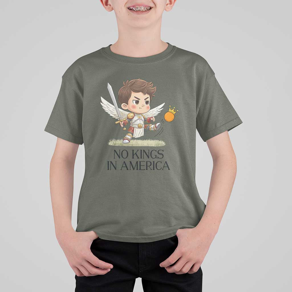 No Kings In America T Shirt For Kid Funny Saint Michael Kicking Crown