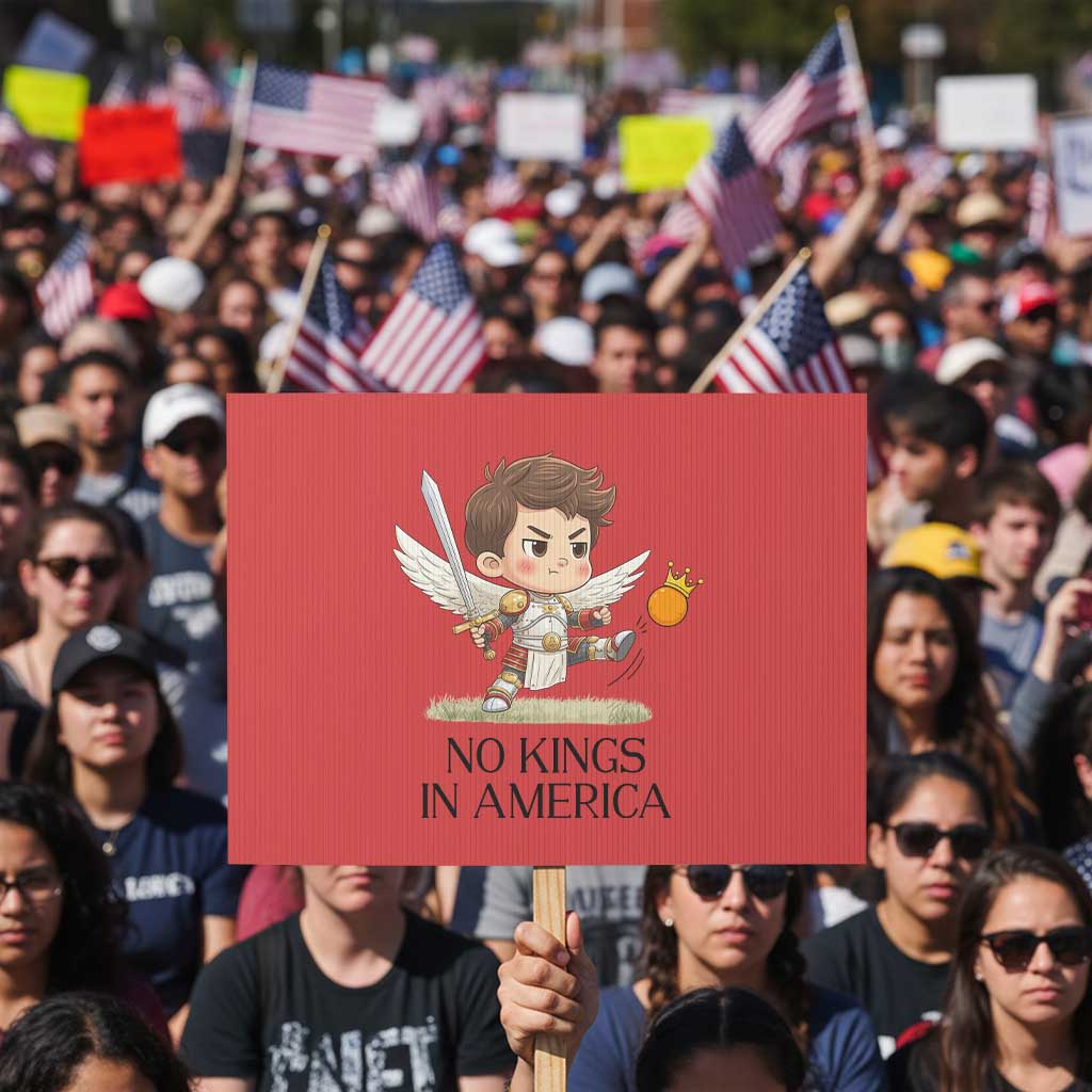 No Kings In America Protest Sign Funny Saint Michael Kicking Crown
