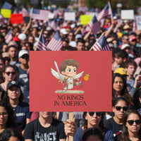 No Kings In America Protest Sign Funny Saint Michael Kicking Crown