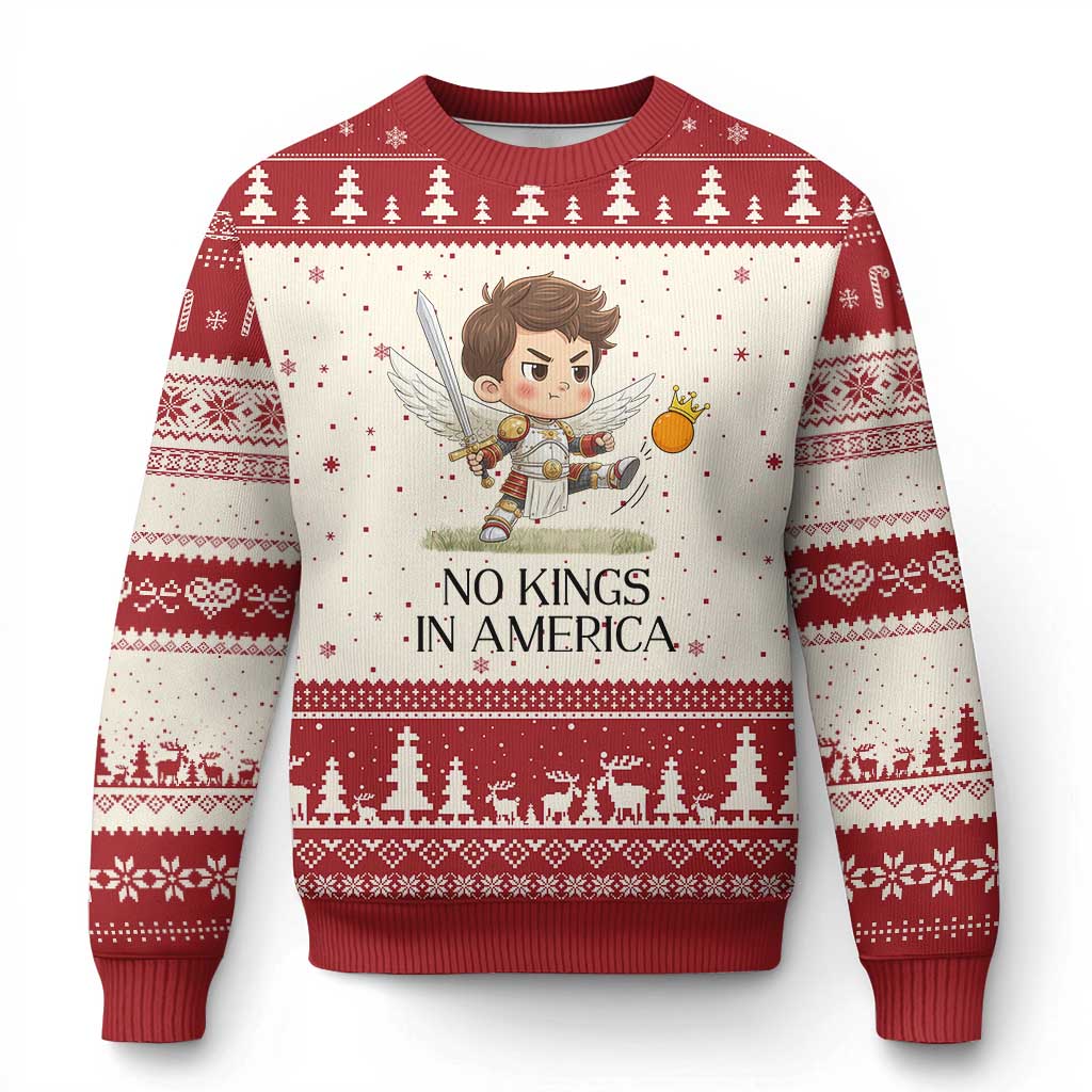 No Kings In America Ugly Christmas Sweater Funny Saint Michael Kicking Crown
