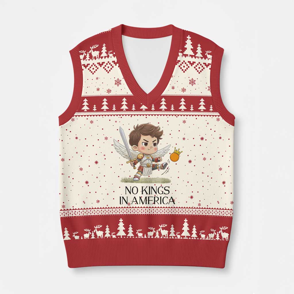 No Kings In America V-Neck Knit Sweater Vest Funny Saint Michael Kicking Crown