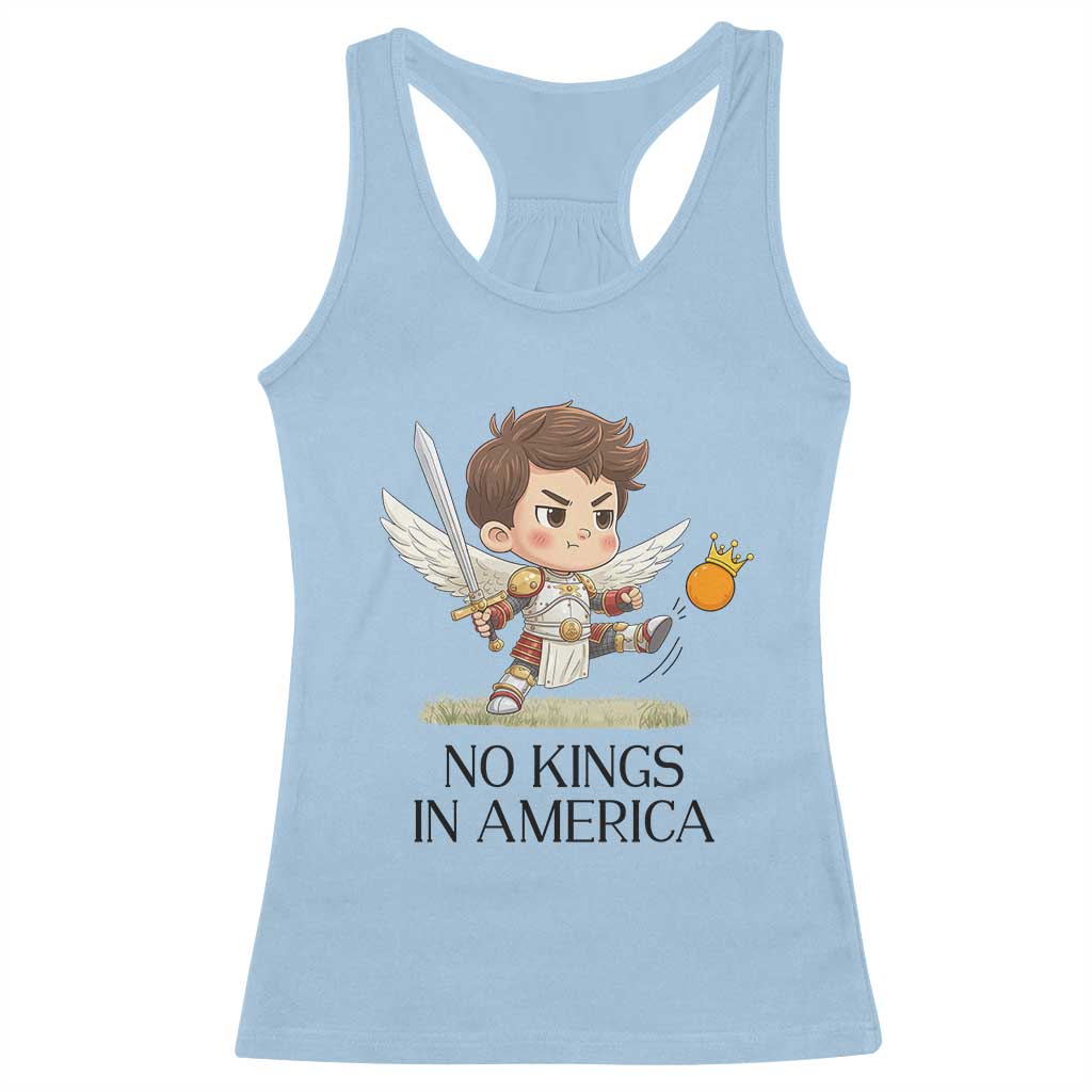 No Kings In America Racerback Tank Top Funny Saint Michael Kicking Crown
