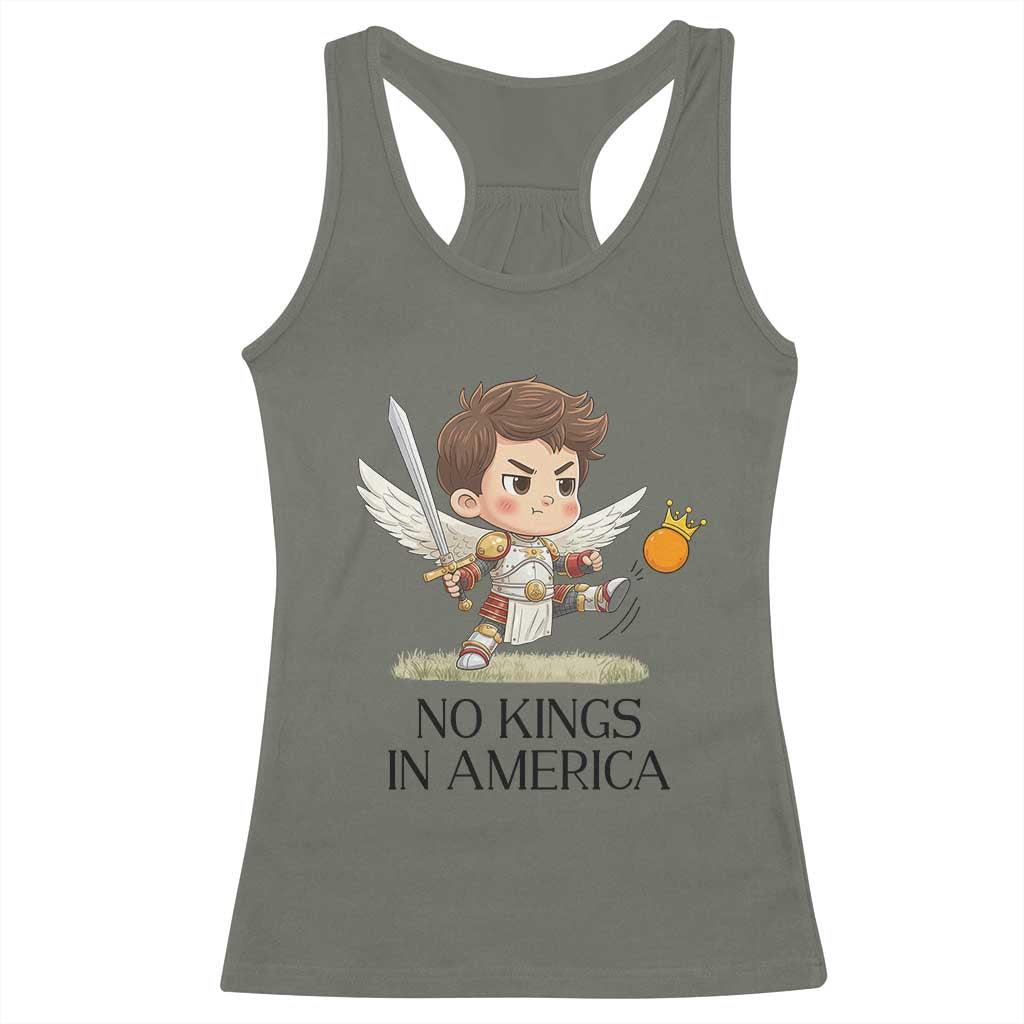 No Kings In America Racerback Tank Top Funny Saint Michael Kicking Crown