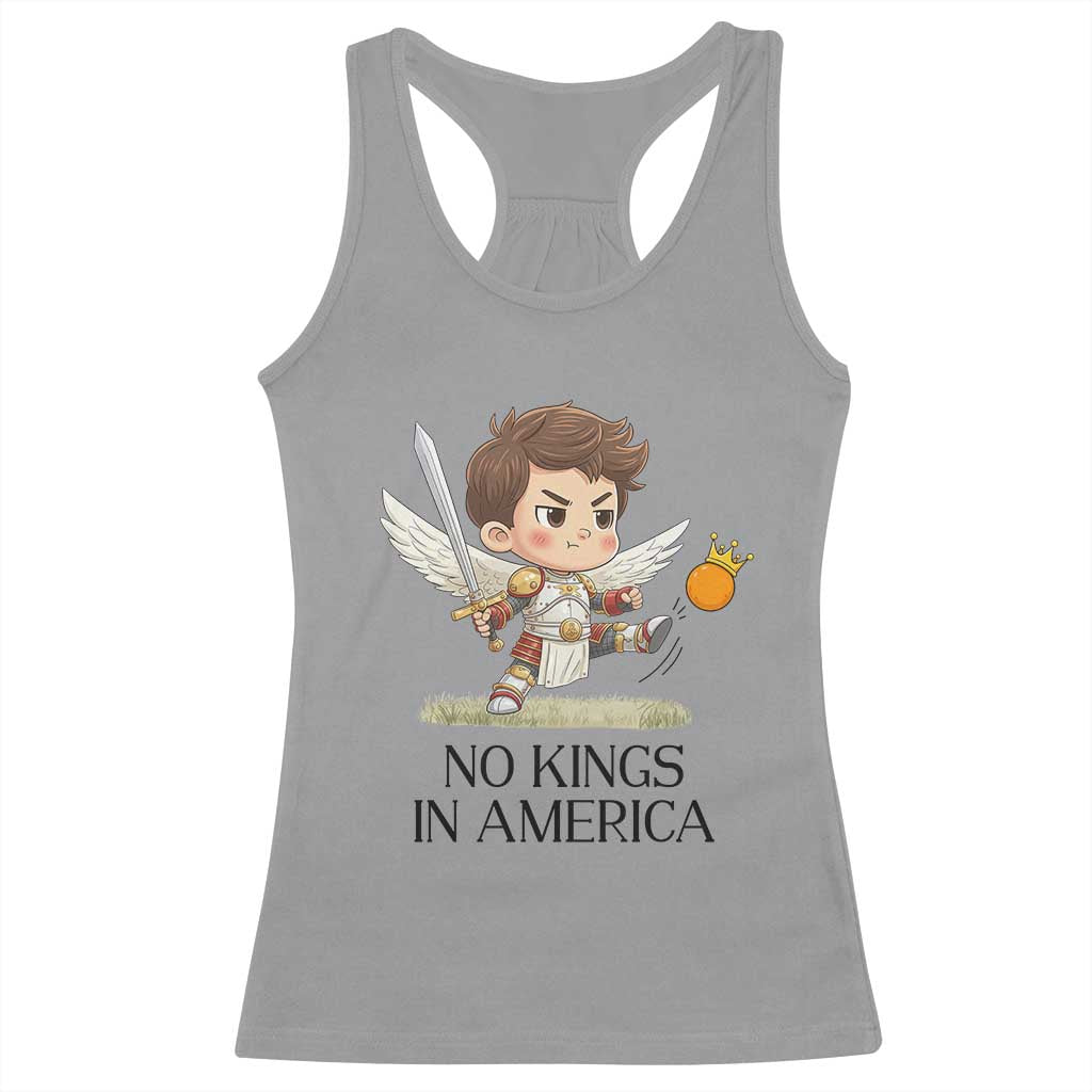 No Kings In America Racerback Tank Top Funny Saint Michael Kicking Crown