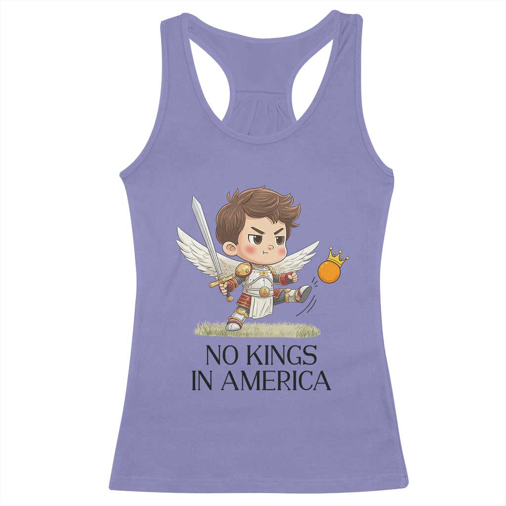 No Kings In America Racerback Tank Top Funny Saint Michael Kicking Crown