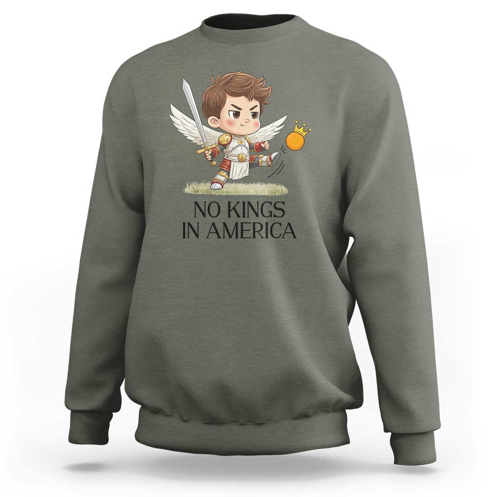 No Kings In America Sweatshirt Funny Saint Michael Kicking Crown