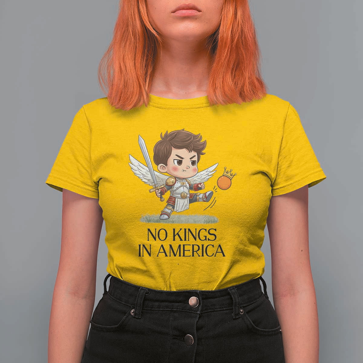 No Kings In America T Shirt For Women Funny Saint Michael Kicking Crown