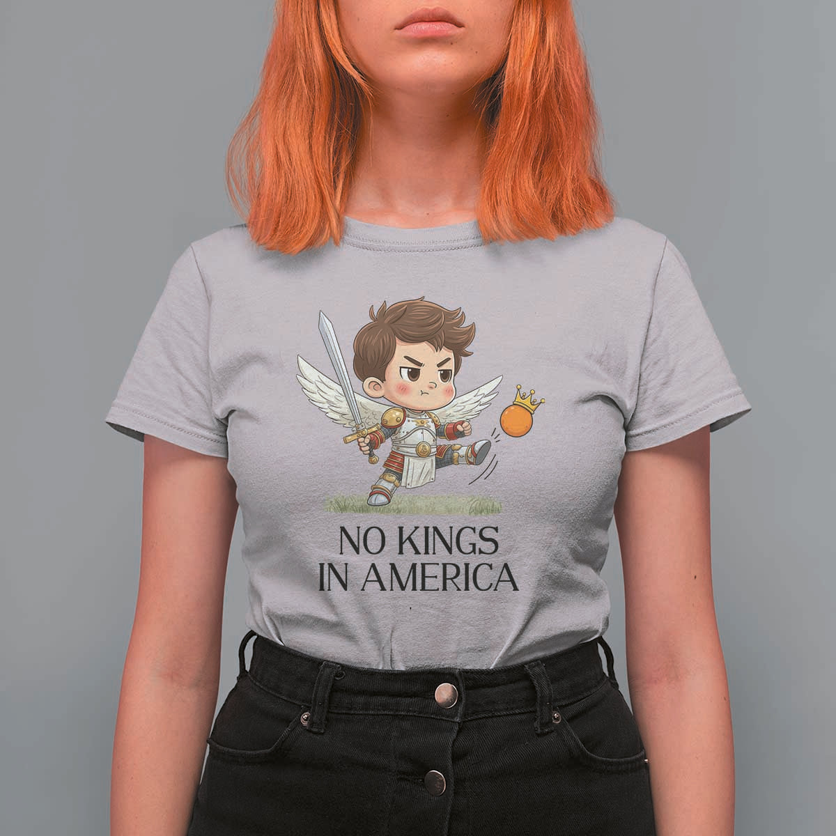 No Kings In America T Shirt For Women Funny Saint Michael Kicking Crown