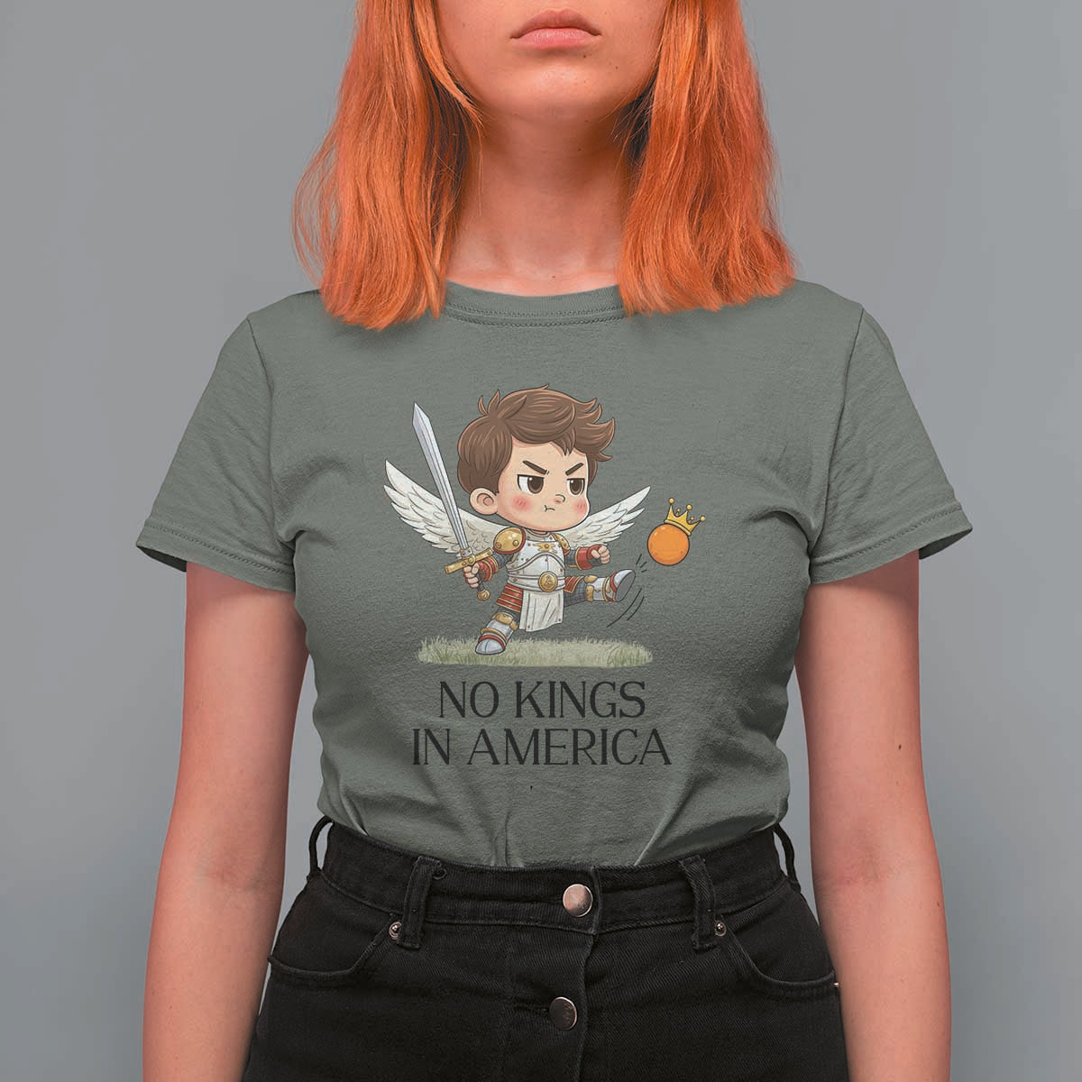 No Kings In America T Shirt For Women Funny Saint Michael Kicking Crown