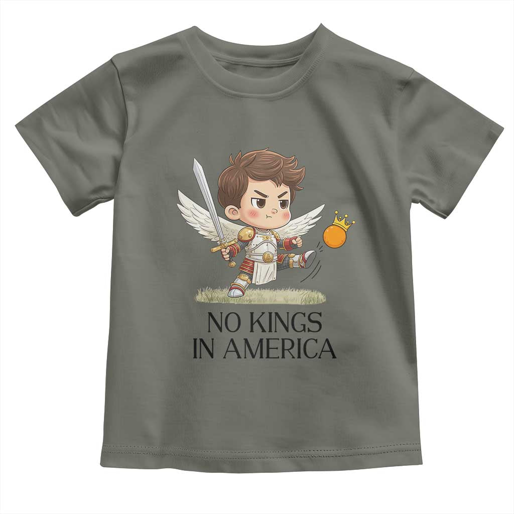 No Kings In America Toddler T Shirt Funny Saint Michael Kicking Crown