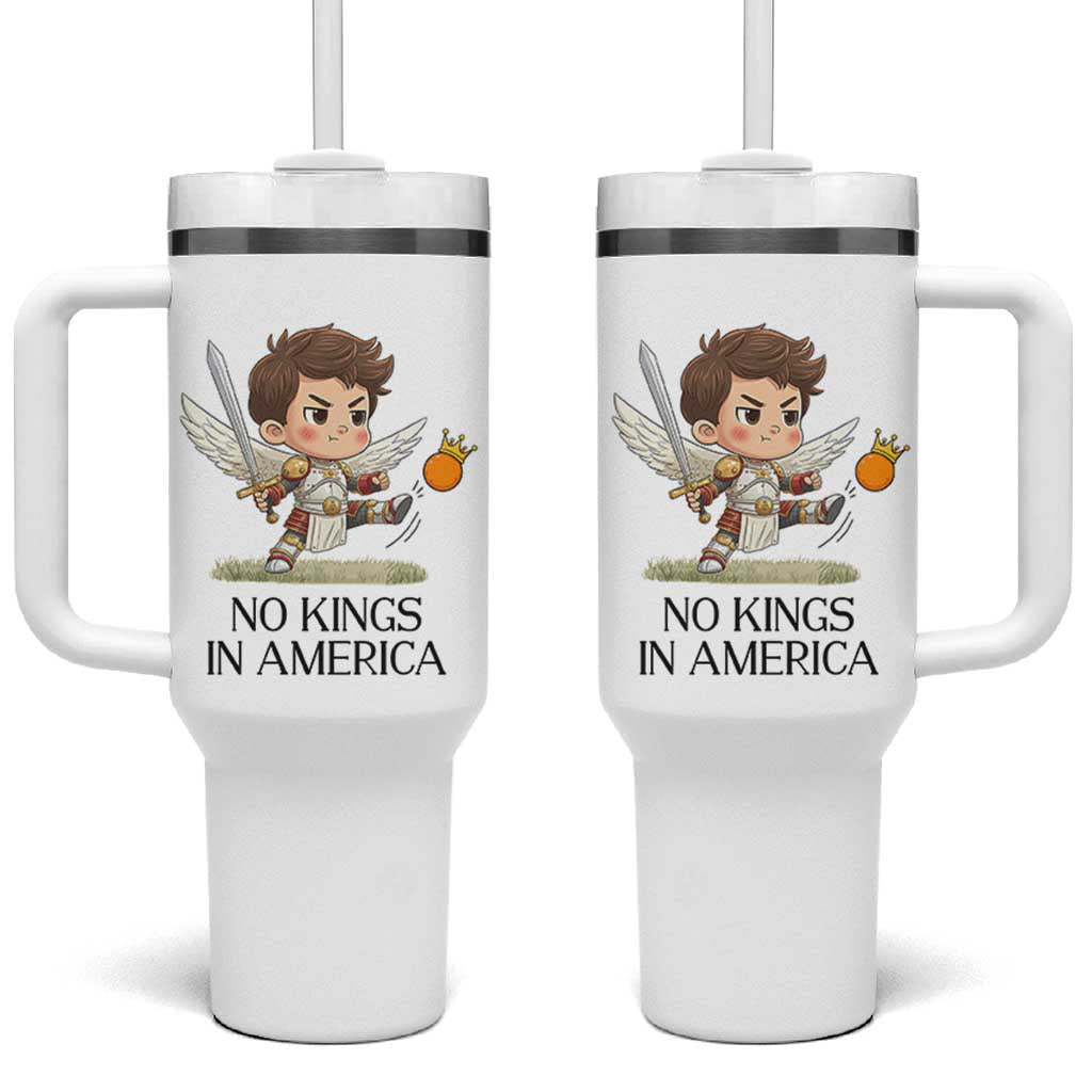 No Kings In America Tumbler With Handle Funny Saint Michael Kicking Crown