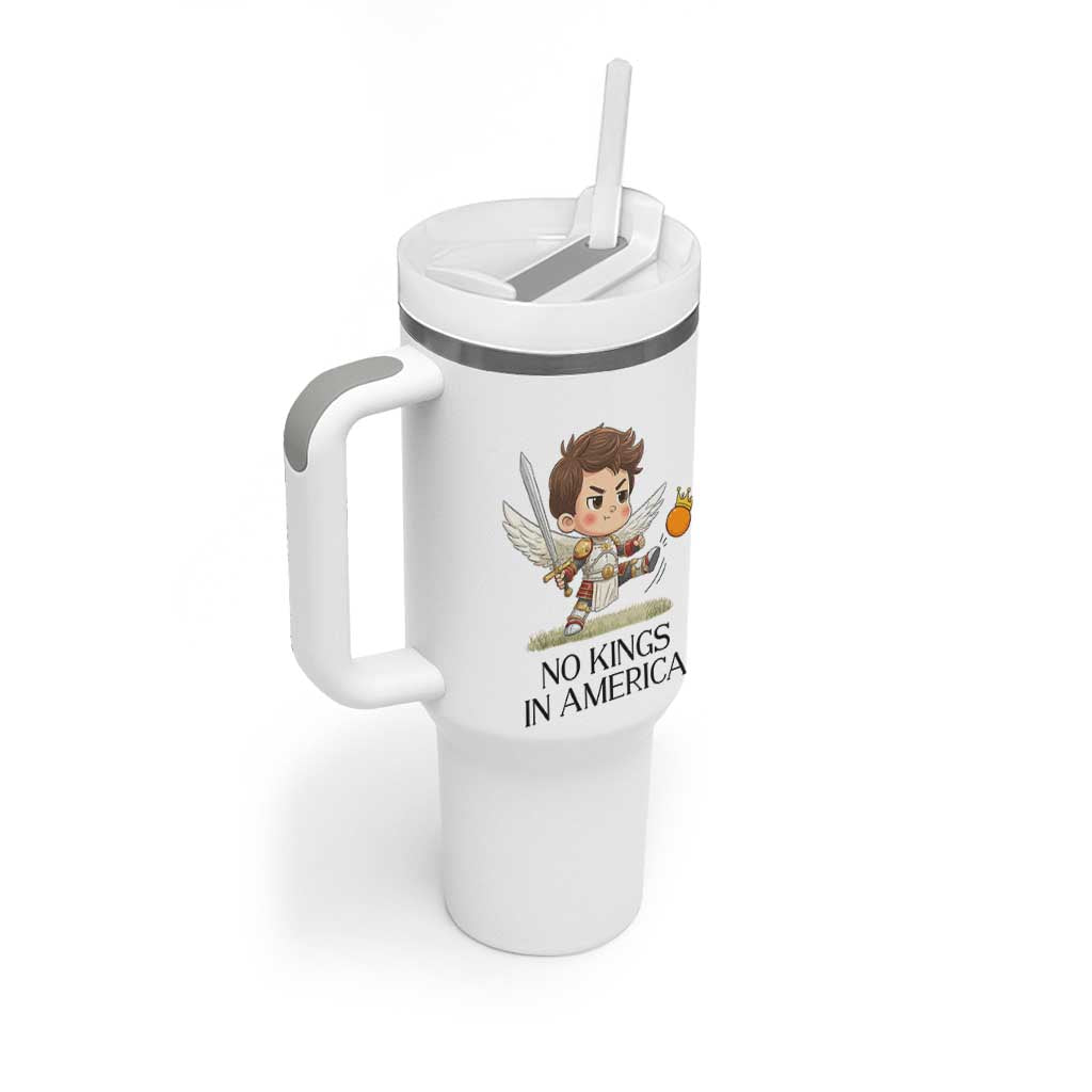 No Kings In America Tumbler With Handle Funny Saint Michael Kicking Crown