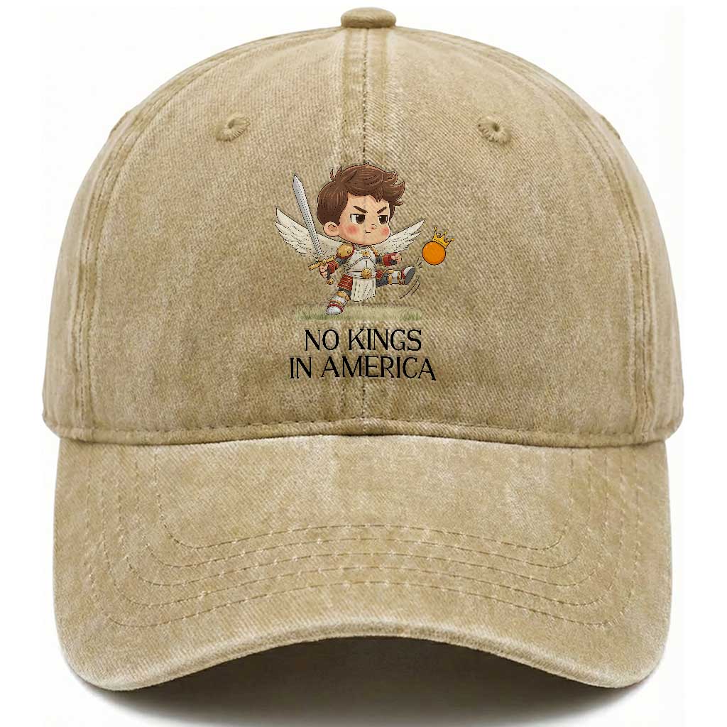 No Kings In America Washed Cotton Baseball Cap Funny Saint Michael Kicking Crown