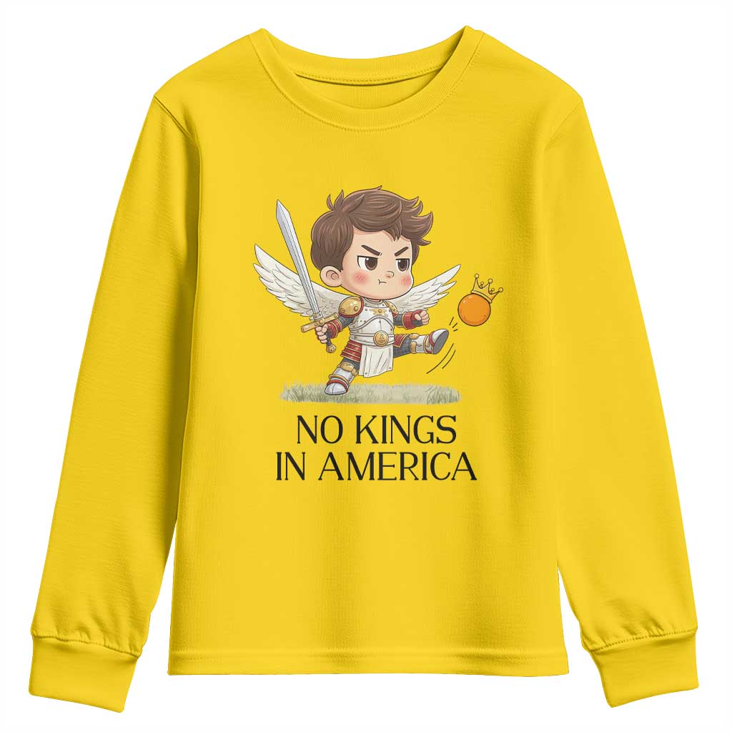 No Kings In America Youth Sweatshirt Funny Saint Michael Kicking Crown