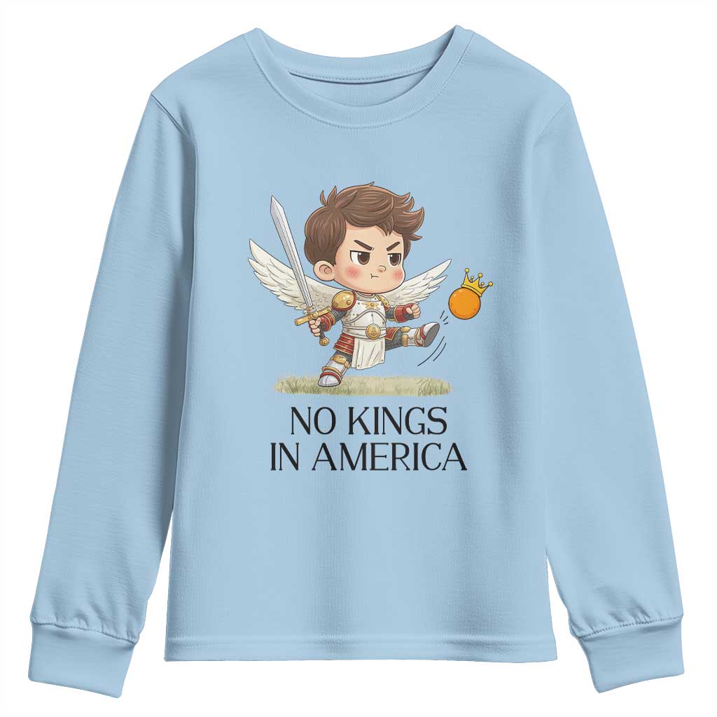 No Kings In America Youth Sweatshirt Funny Saint Michael Kicking Crown