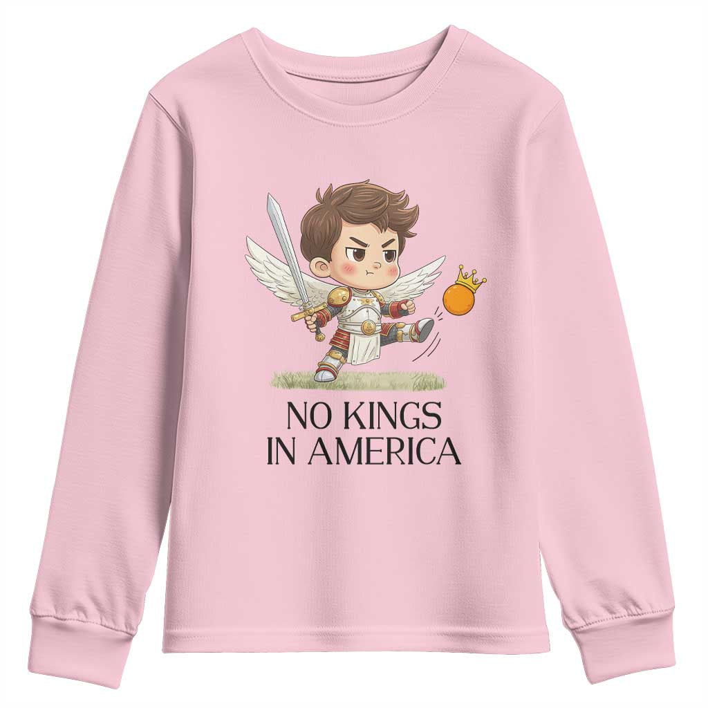 No Kings In America Youth Sweatshirt Funny Saint Michael Kicking Crown