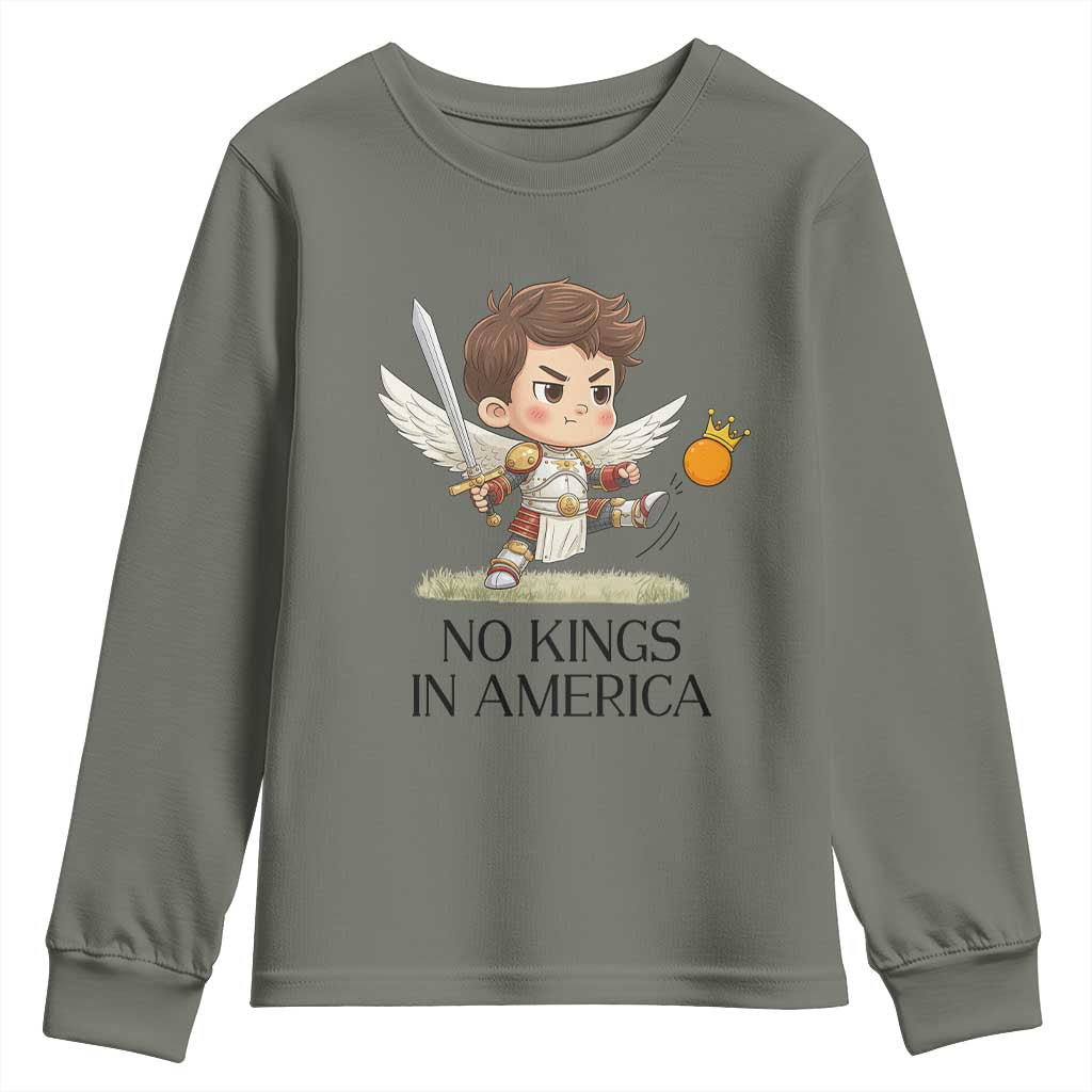 No Kings In America Youth Sweatshirt Funny Saint Michael Kicking Crown