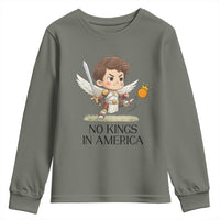 No Kings In America Youth Sweatshirt Funny Saint Michael Kicking Crown