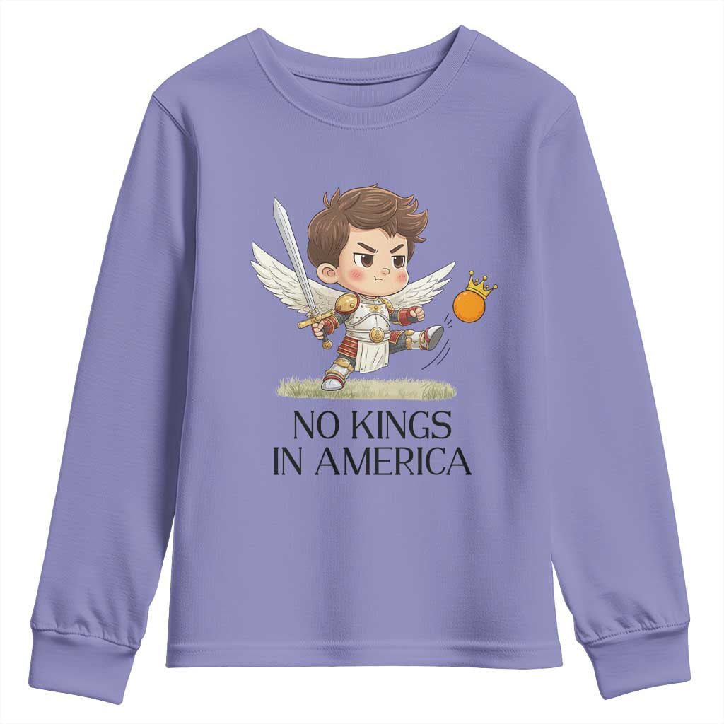 No Kings In America Youth Sweatshirt Funny Saint Michael Kicking Crown