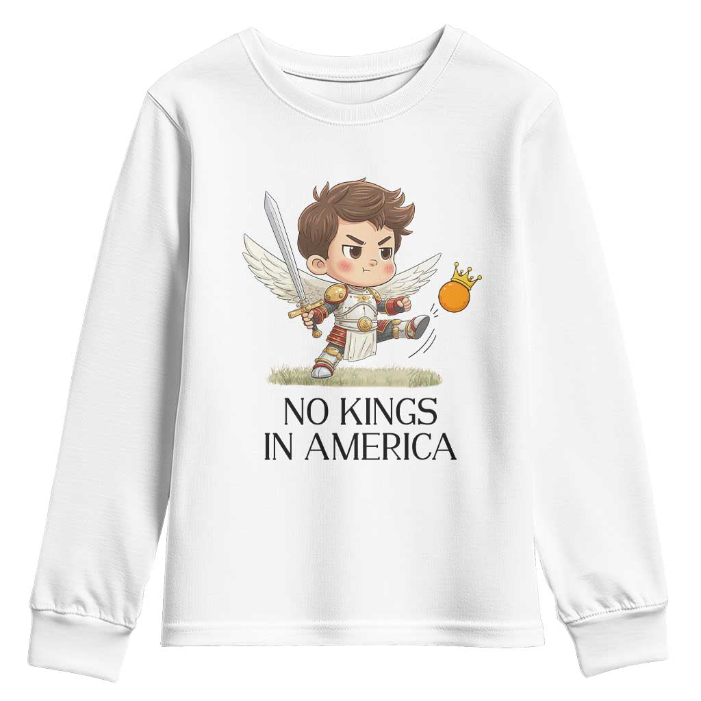No Kings In America Youth Sweatshirt Funny Saint Michael Kicking Crown