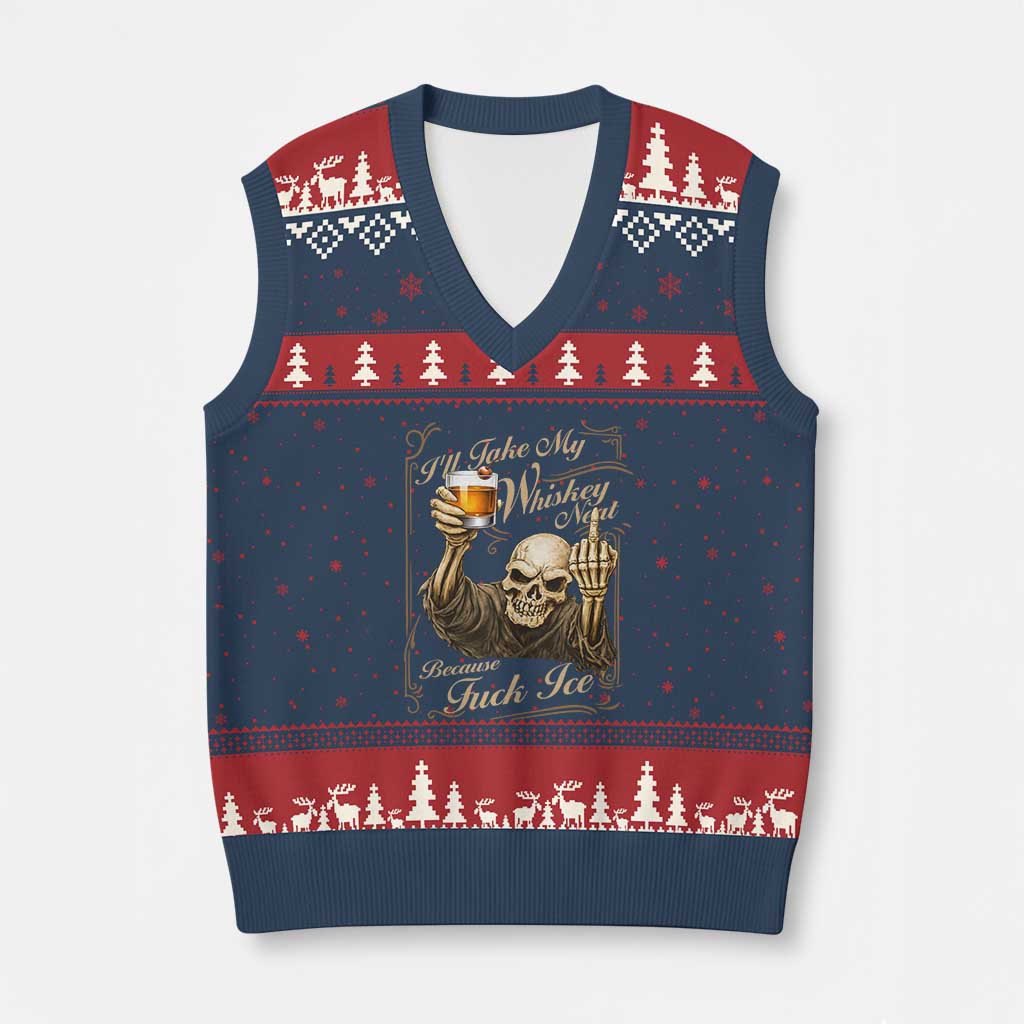 Skeleton Whiskey V-Neck Knit Sweater Vest I Will Take My Whiskey Neat No Ice