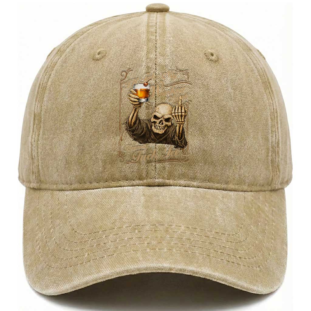 Skeleton Whiskey Washed Cotton Baseball Cap I Will Take My Whiskey Neat No Ice