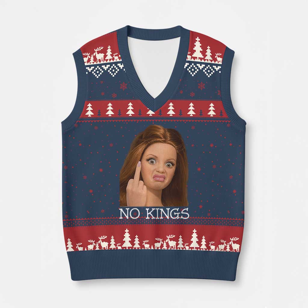 No Kings V-Neck Knit Sweater Vest Funny Disgusted Doll Face Meme