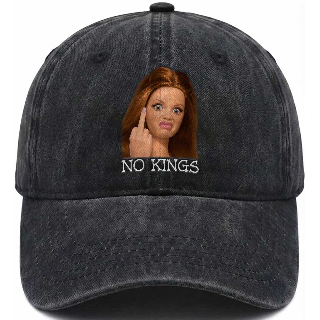 No Kings Washed Cotton Baseball Cap Funny Disgusted Doll Face Meme