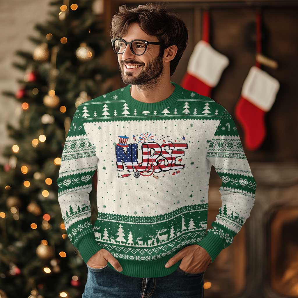 USA 250 Proud American Nurse Ugly Christmas Sweater Patriotic Healthcare Hero