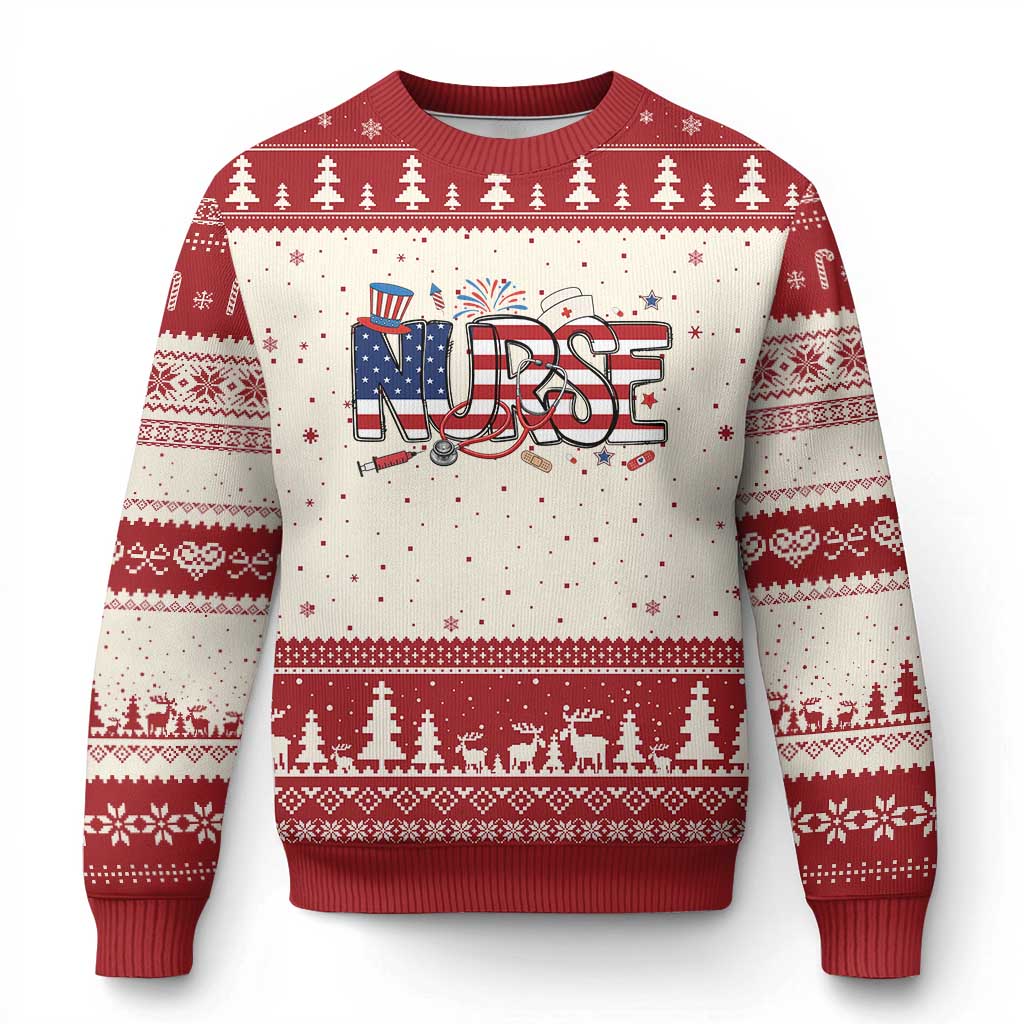USA 250 Proud American Nurse Ugly Christmas Sweater Patriotic Healthcare Hero