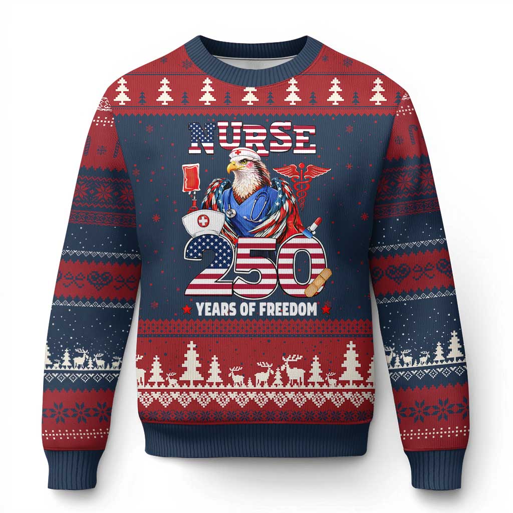 Bald Eagle Nurse 250 Years Of Freedom Ugly Christmas Sweater Patriotic American Nurse Gift