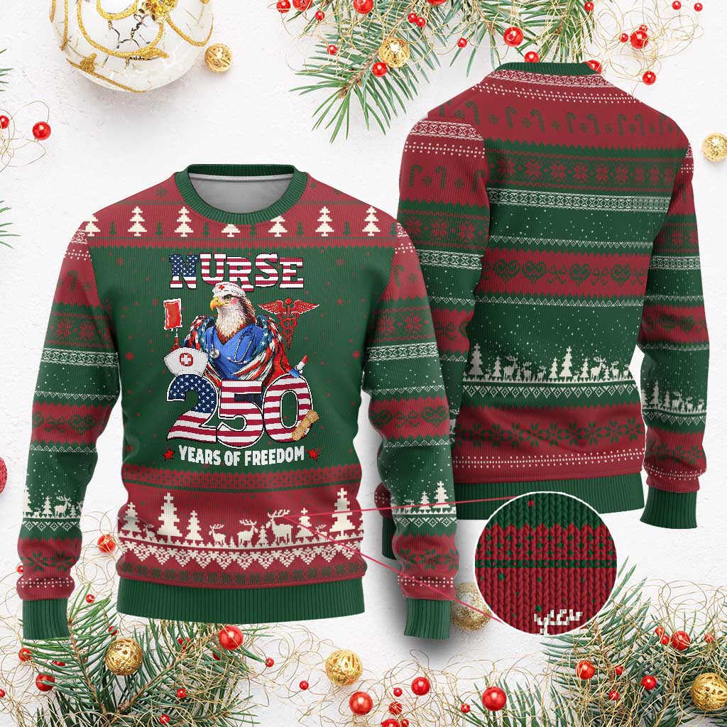 Bald Eagle Nurse 250 Years Of Freedom Ugly Christmas Sweater Patriotic American Nurse Gift