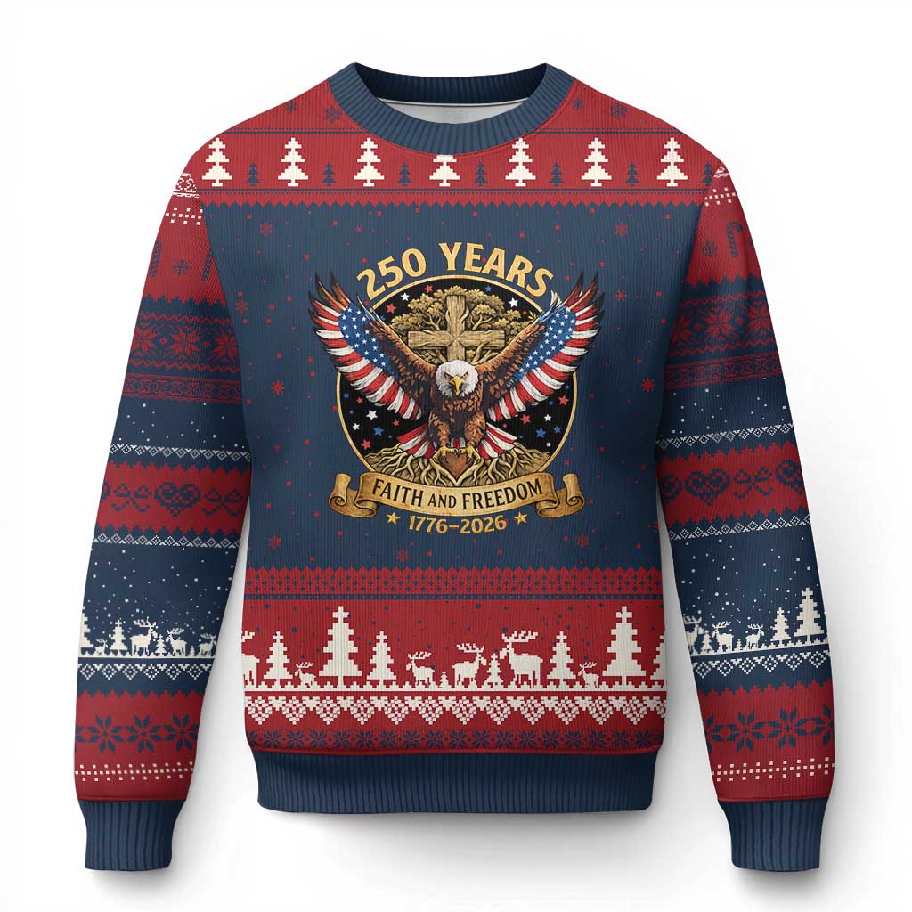 Faith And Freedom 250 Years Ugly Christmas Sweater Patriotic Eagle Cross Gift