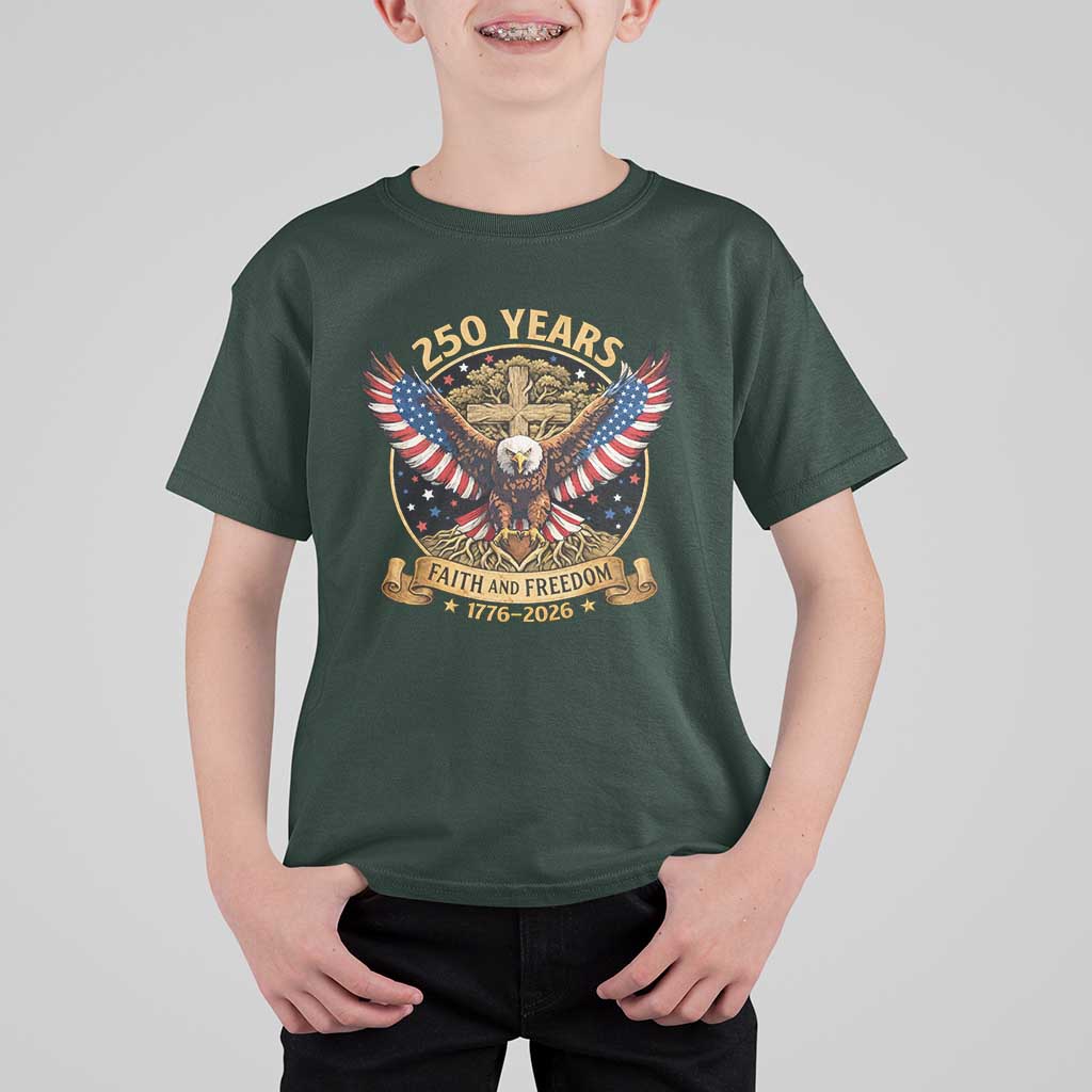 Faith And Freedom 250 Years T Shirt For Kid Patriotic Eagle Cross Gift