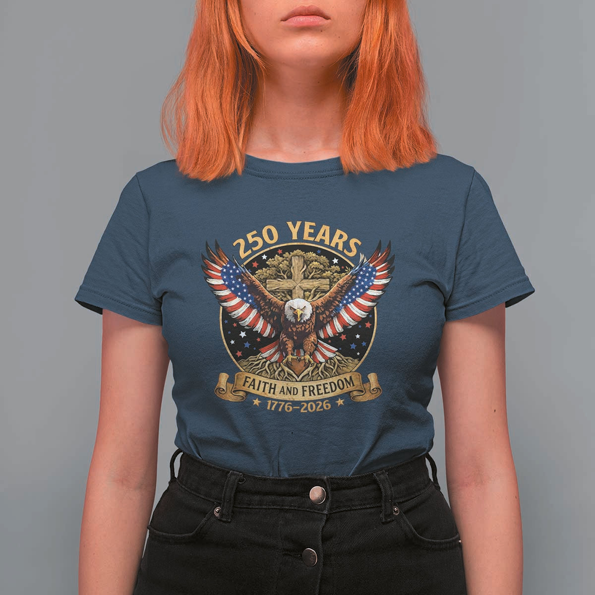 Faith And Freedom 250 Years T Shirt For Women Patriotic Eagle Cross Gift