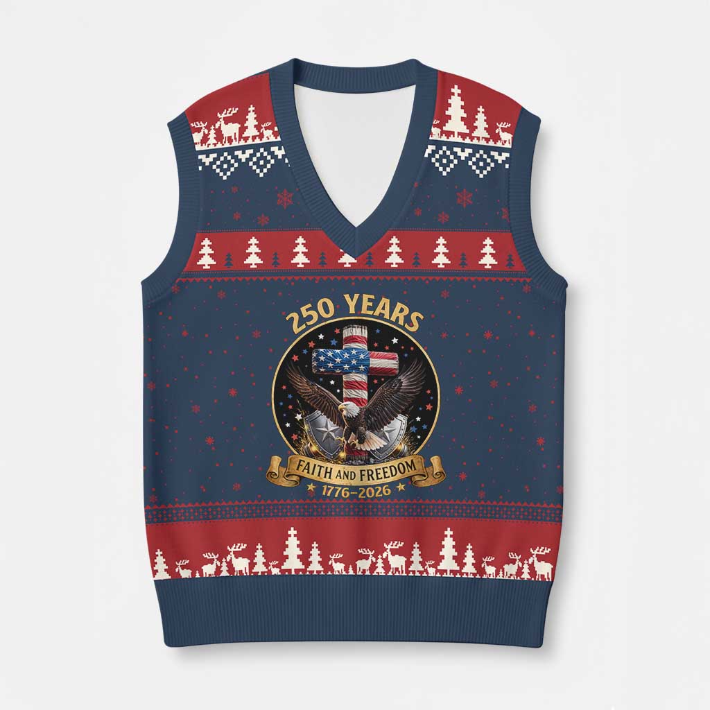 Christian Patriotic Eagle Cross V-Neck Knit Sweater Vest 250 Years Faith And Freedom USA Gift