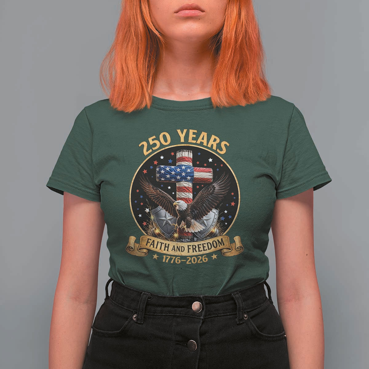 Christian Patriotic Eagle Cross T Shirt For Women 250 Years Faith And Freedom USA Gift